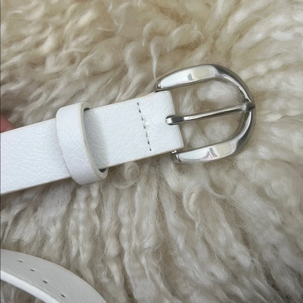 White Belt, Vintage Hole Patterned Belt, Silver Tone Buckle